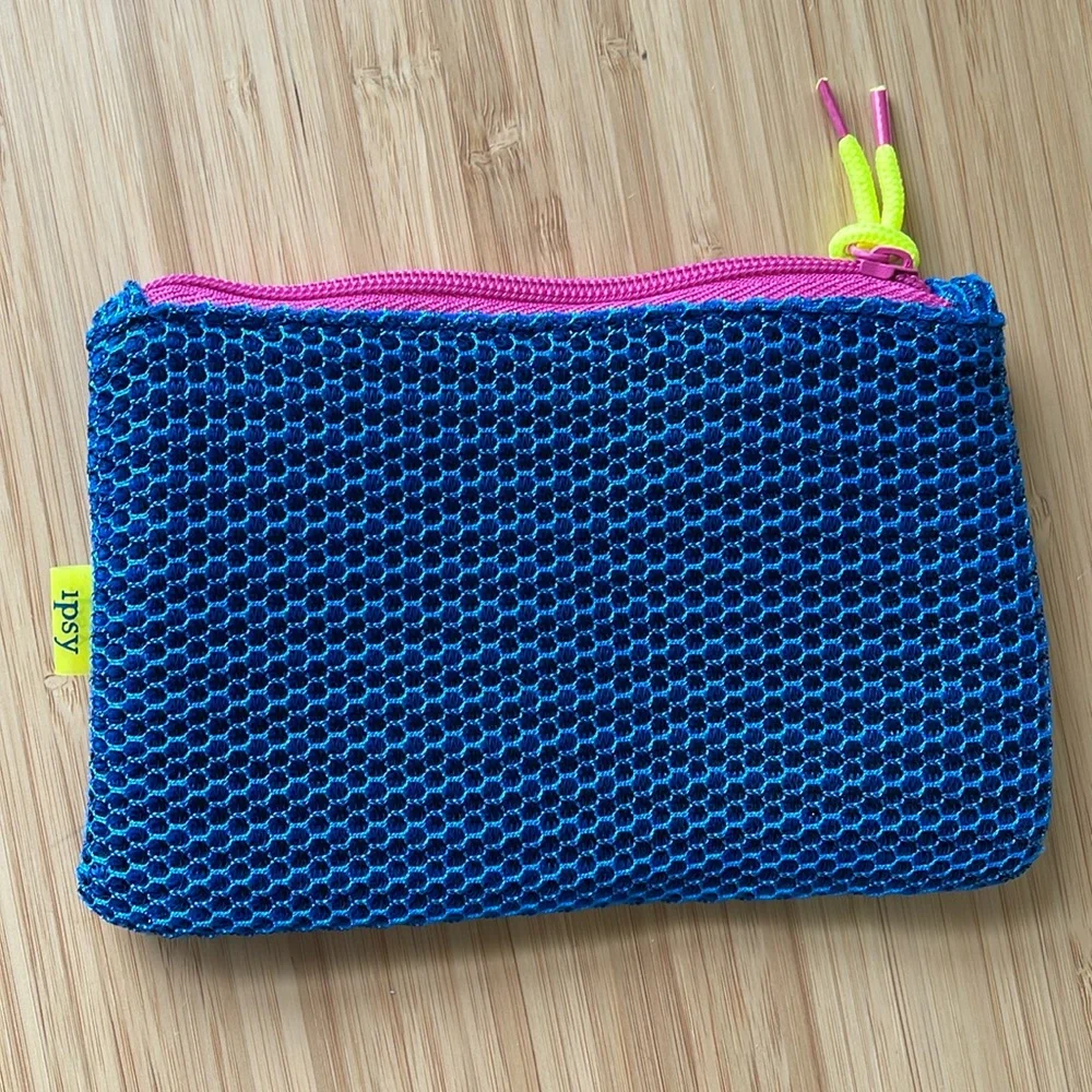 Ipsy Bag - Blue Mesh Pouch with Neon Accents